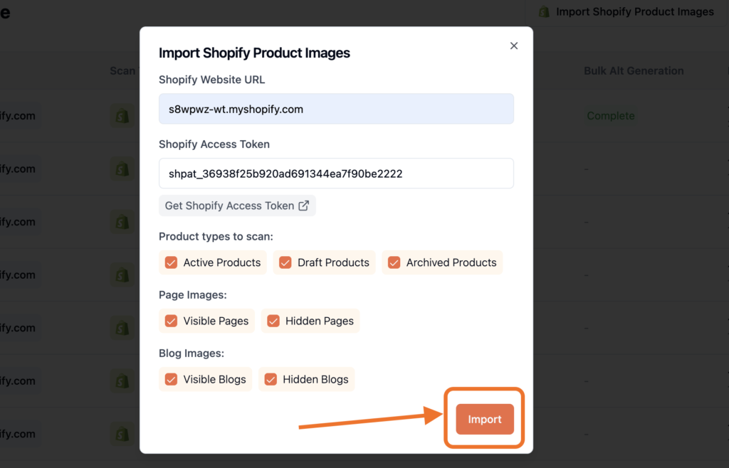 Shopify product page screenshot for alt magic import guide with shopify access token input